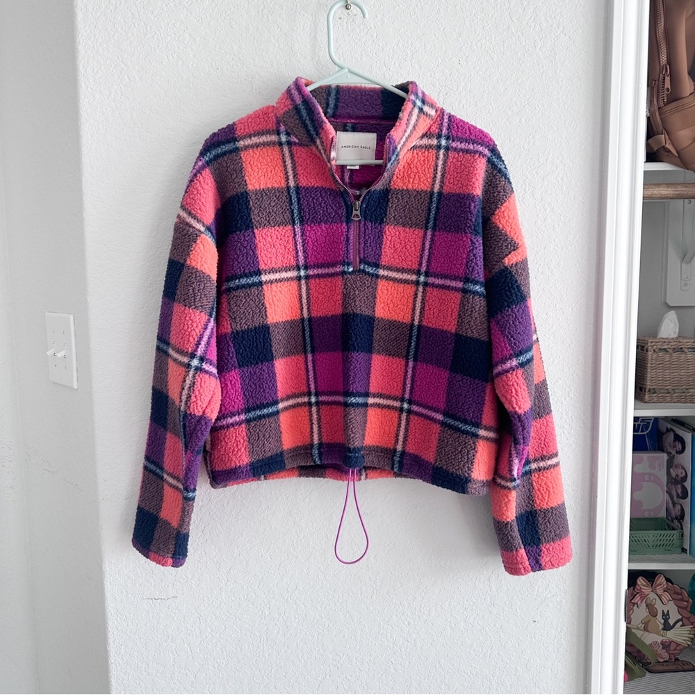 American Eagle 1/4 Zip Pink Plaid Fleece Pullover Medium